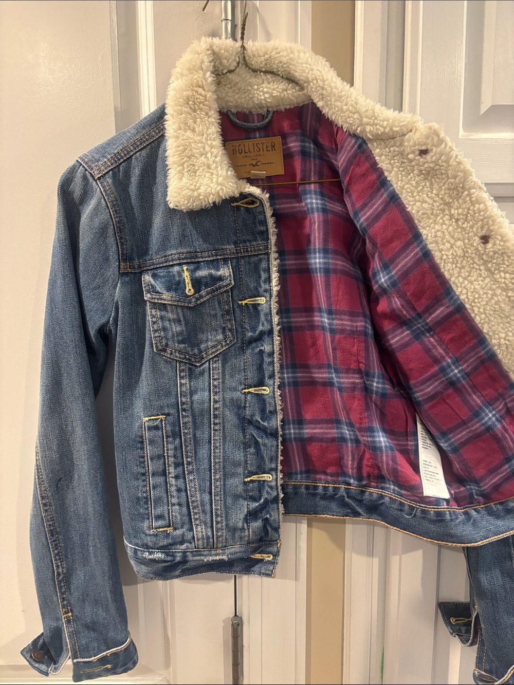 Hollister Blue Denim Jacket with Cream Sherpa Collar and Red Plaid Lining